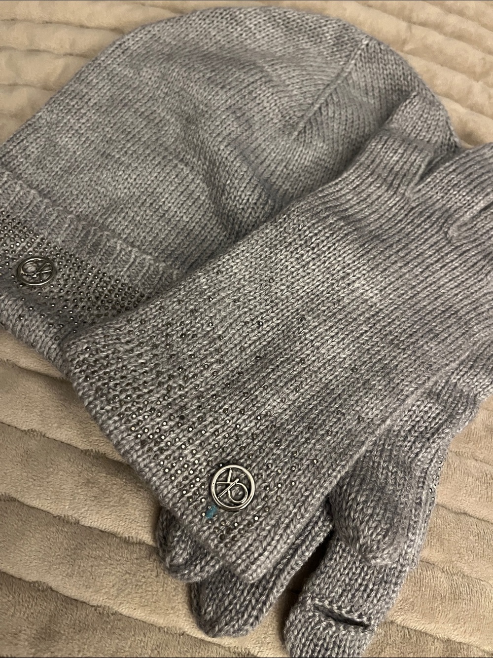 Calvin Klein Gray Knit Beanie and Glove Set with Logo Studs